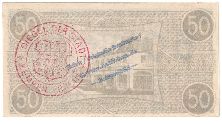 Kempen , Notgeld 50 Pfennig Schein in kfr. Tieste 3460.05.10 , Rheinland 1918 Verkehrsausgabe