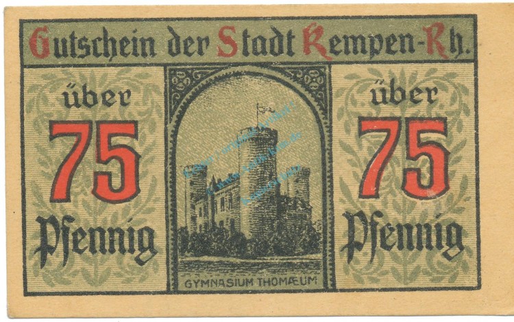 Kempen , Notgeld 75 Pfennig Schein Nr.2 unc-kfr. M-G 689.3 , RHL 1920 Seriennotgeld -5786-