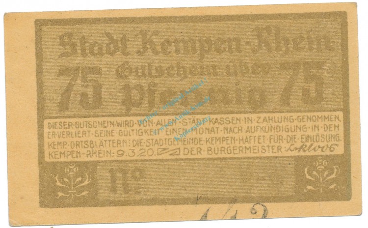 Kempen , Notgeld 75 Pfennig Schein Nr.2 unc-kfr. M-G 689.3 , RHL 1920 Seriennotgeld -5786-