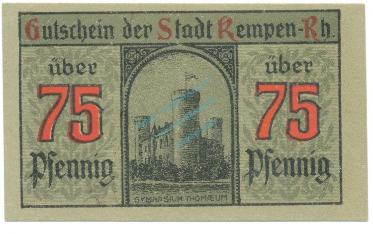Kempen , Notgeld 75 Pfennig Schein Nr.3 unc-kfr. M-G 689.3 , RHL 1920 Seriennotgeld -5788-