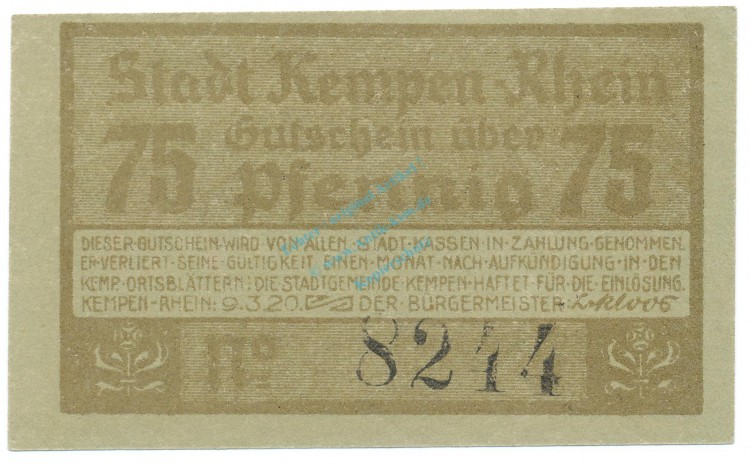 Kempen , Notgeld 75 Pfennig Schein Nr.3 unc-kfr. M-G 689.3 , RHL 1920 Seriennotgeld -5788-