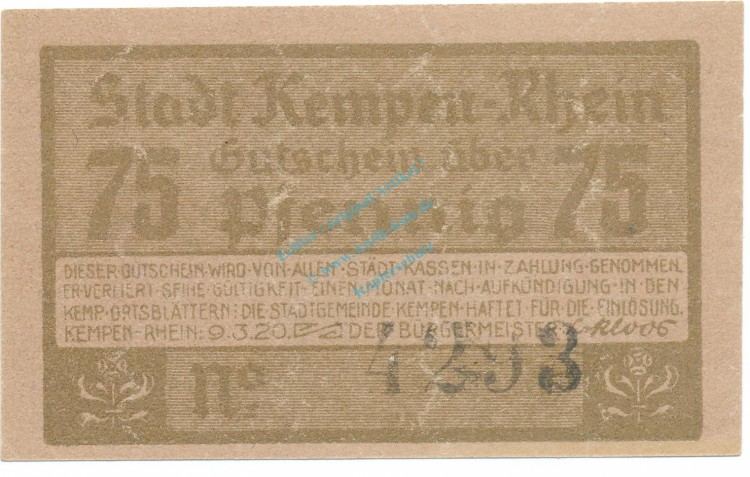 Kempen , Notgeld 75 Pfennig Schein Nr.4 unc-kfr. M-G 689.3 , RHL 1920 Seriennotgeld -5787-