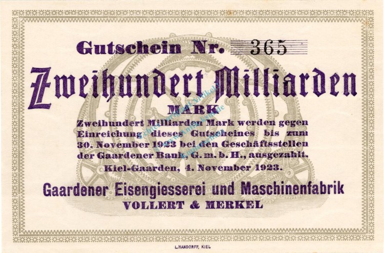 Kiel-Gaarden , Banknote 200 Milliarden Mark Schein unc-kfr. Keller 2639 , Schleswig Holstein 1923 Inflation