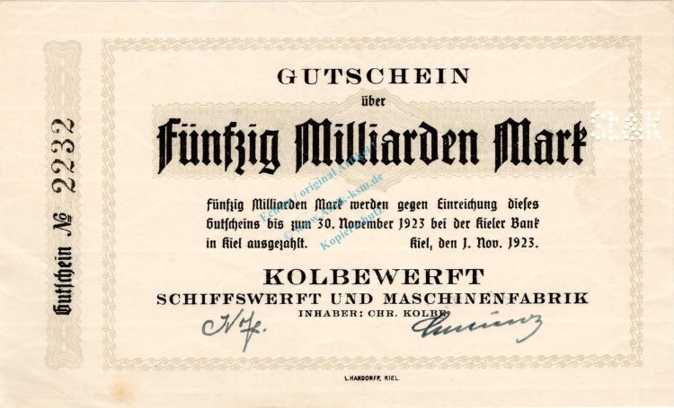 Kiel , Banknote 50 Milliarden -Winterwellen- unc-kfr. Keller 2626.a , Schleswig Kiel , Banknote 50 Milliarden -Winterwellen- unc-kfr. Keller 2626.a , Schleswig Holstein 1923 InflationHolstein 1923 Inflation