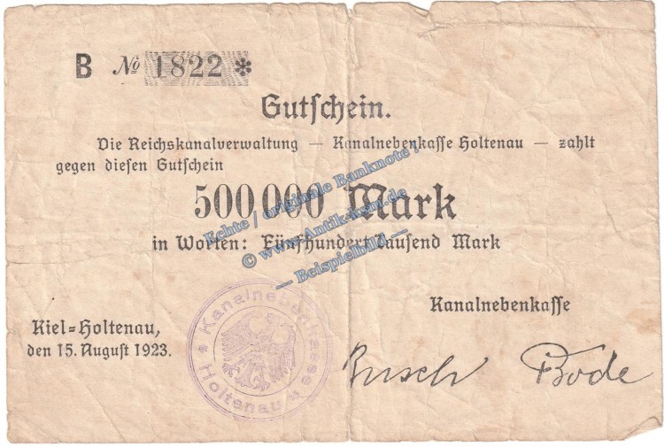 Kiel Holtenau , Banknote 500.000 Mark Schein in gbr. Keller 2640.a , Schleswig 1923 Grossnotgeld - Inflation