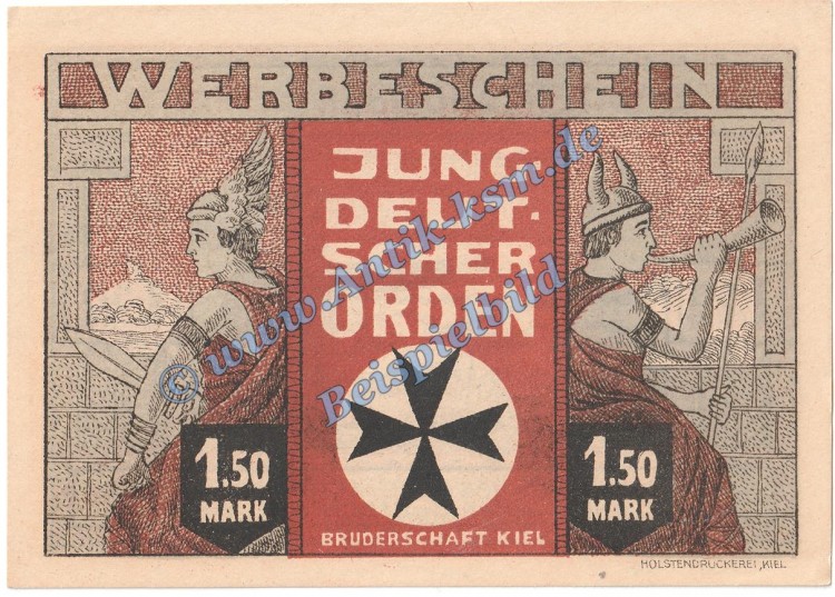 Kiel , Notgeld 1,50 Mark -Jundeutscher Orden- in kfr. M-G 694.1 , Schleswig o.D. Seriennotgeld