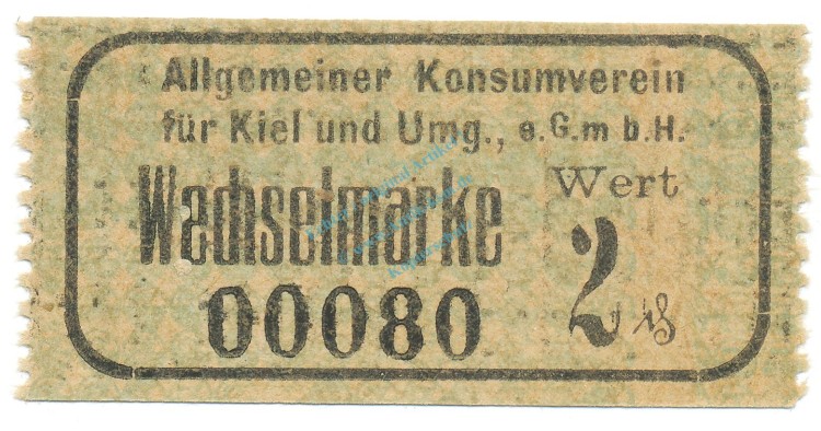 Kiel , Notgeld 2 Pfennig Schein unc-kfr. Tieste 3470.05.02 , Schleswig o.D. Verkehrsausgabe