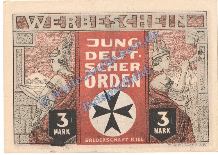 Kiel , Notgeld 3 Mark -Jundeutscher Orden- in kfr. M-G 694.1 , Schleswig o.D. Seriennotgeld