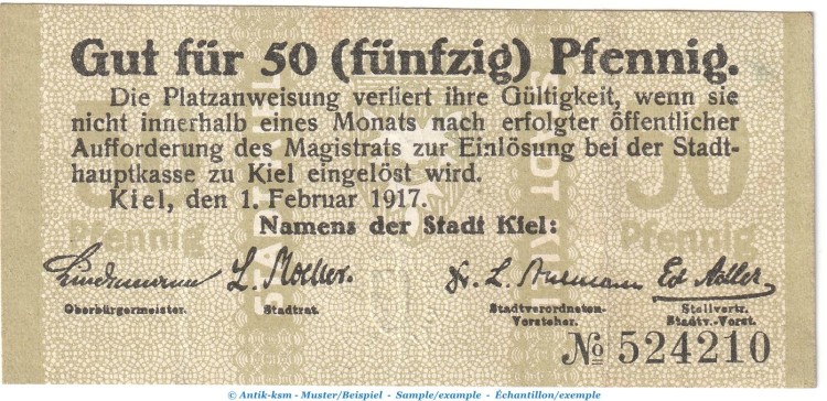 Kiel Tieste 3470.40.05 , Notgeld 50 Pfennig Schein in gbr. von 1917 , Schleswig Holstein Verkehrsausgabe