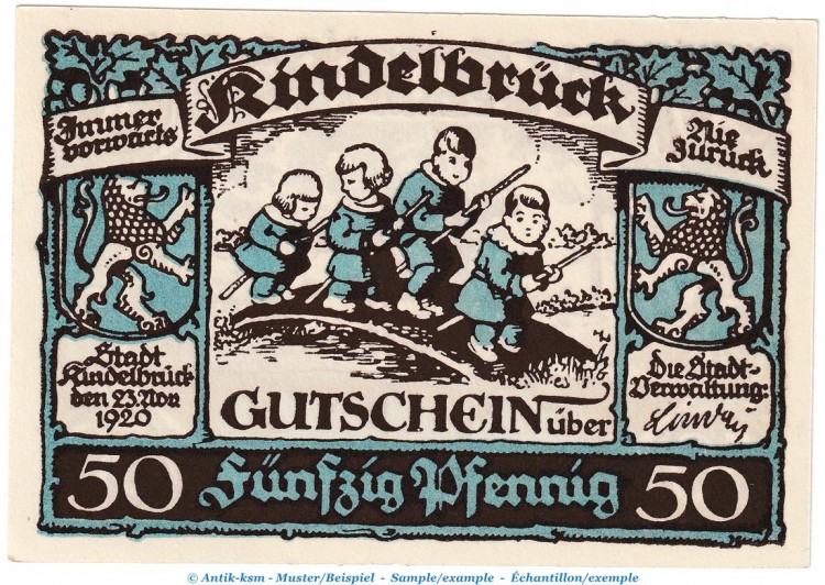 Kindelbrück M-G 730.1 , Notgeld 50 Pfennig Nr.2 in kfr. von 1920 , Thüringen Seriennotgeld
