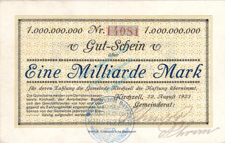 Kirchzell , Banknote 1 Milliarde Mark Schein F-kfr. Keller 2657.f , Bayern 1923 Inflation