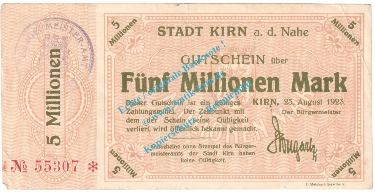 Kirn , Notgeld 5 Millionen Mark Schein in gbr. Keller 2658... Rheinland 1923 Grossnotgeld Inflation