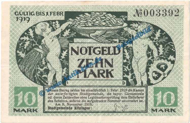 Kitzingen , Notgeld 10 Mark Schein in gbr. Geiger 273.02 von 1918 , Bayern Grossnotgeld