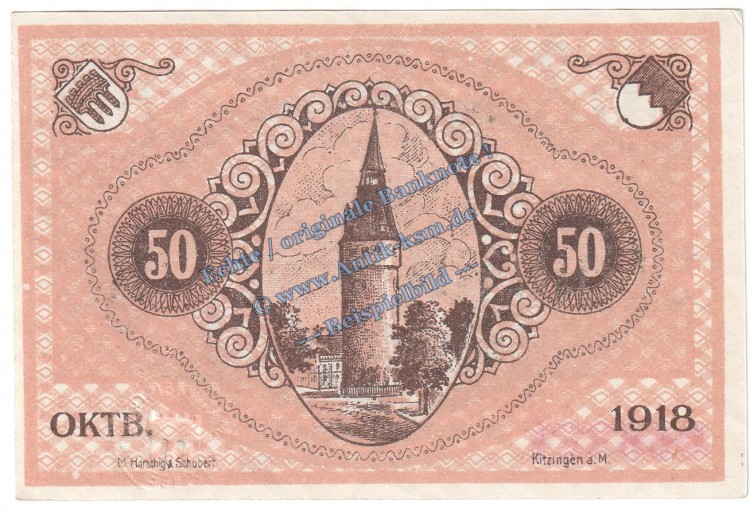 Kitzingen , Notgeld 50 Pfennig -grün rosa- in kfr. Tieste 3510.05.30 , Bayern 1918 Verkehrsausgabe