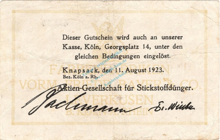 Knapsack , Banknote 1 Million Mark Schein gbr. Keller 2682 , Rheinland 1923 Inflation
