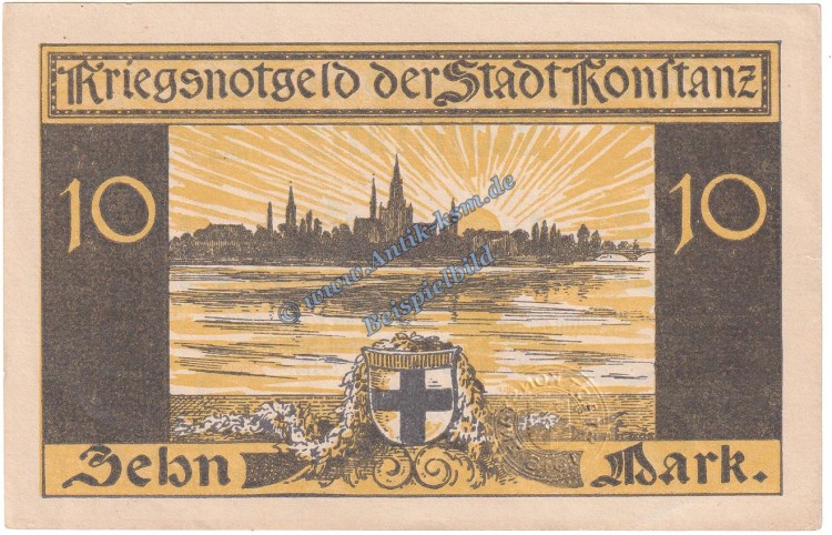 Konstanz , Banknote 10 Mark Schein in kfr.E , Geiger 292.02 , Baden 1918 Grossnotgeld