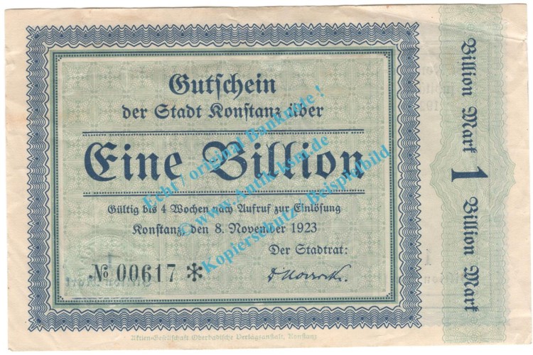 Konstanz , Notgeld 1 Billion Mark Schein in gbr. Keller 2796.t , Baden 1923 Inflation