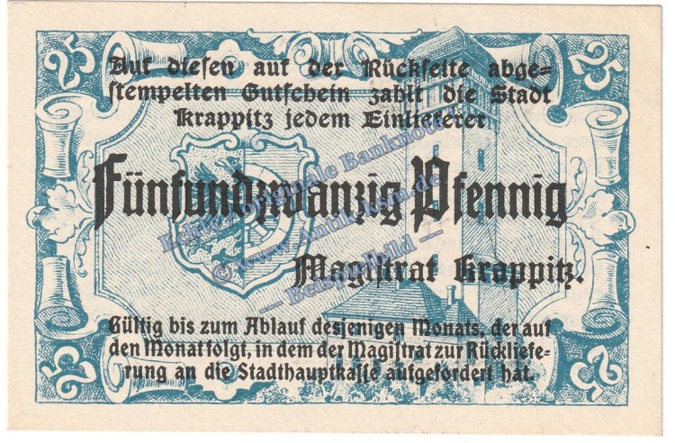 Krappitz , Notgeld 25 Pfennig Schein in kfr. Tieste 3705.05.10 , Schlesien o.D. Verkehrsausgabe