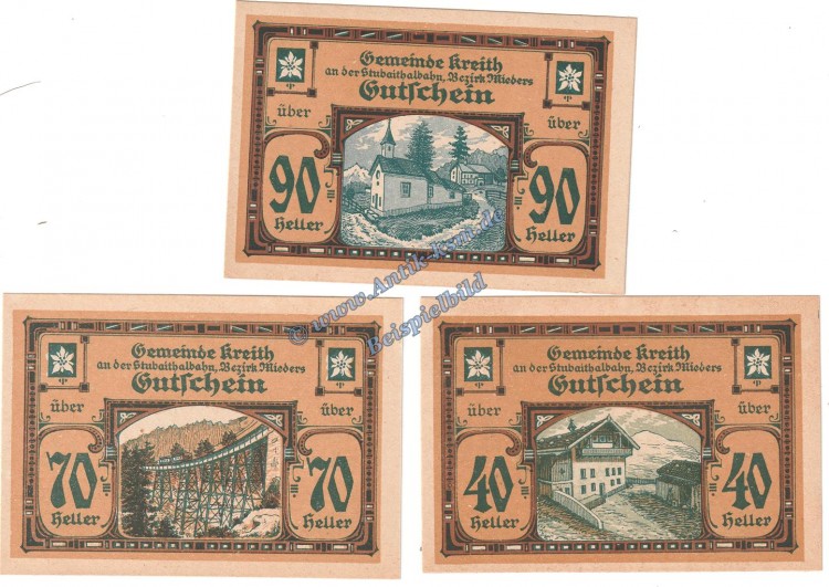 Kreith , Notgeld Set mit 3 Scheinen in kfr. K-K 471.I.a , Tirol o.D.