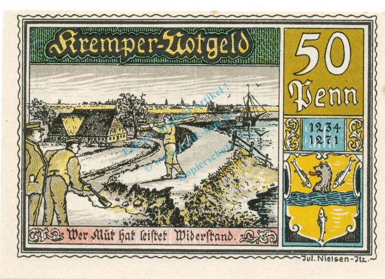 Krempe , Notgeld 50 Pfennig -Fehlfarbe- unc-kfr. M-G 742.1.B , SH 1920 Seriennotgeld -5777-