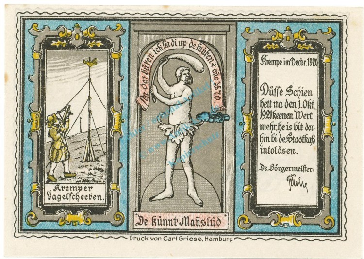 Krempe , Notgeld 50 Pfennig -Fehlfarbe- unc-kfr. M-G 742.1.B , SH 1920 Seriennotgeld -5777-