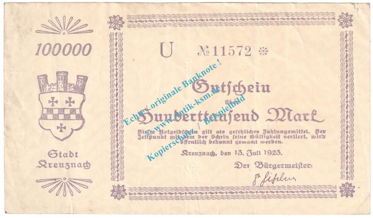 Kreuznach , Notgeld 100.000 Mark Schein in gbr. Keller 2812... Rheinland 1923 Grossnotgeld Inflation