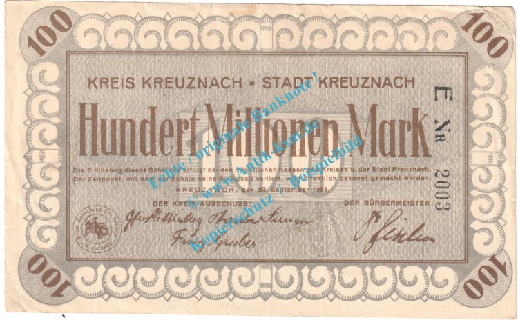 Kreuznach , Notgeld 100 Millionen Mark Schein in gbr. Keller 2813.f , Rheinland 1923 Grossnotgeld Inflation