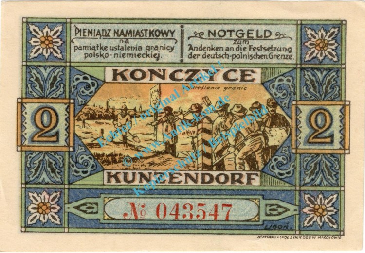 Kunzendorf , Notgeld 2 Mark Schein in kfr. M-G 750.1.b , Oberschlesien 1922 Seriennotgeld