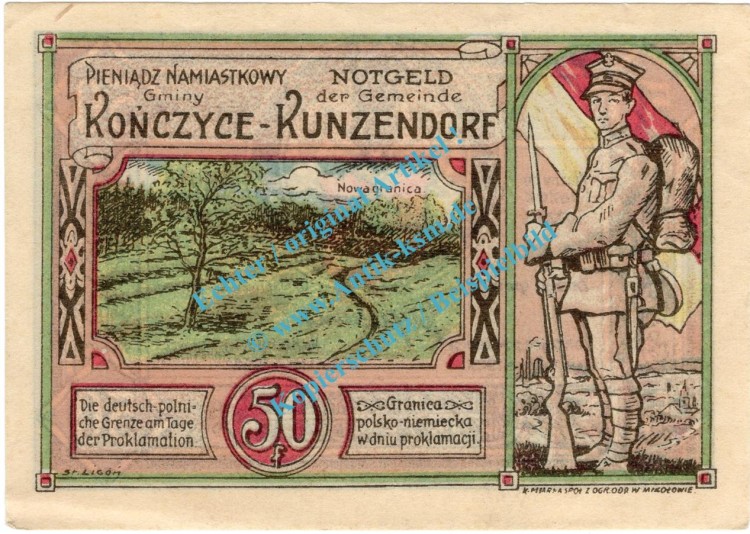 Kunzendorf , Notgeld 50 Pfennig Schein in kfr. M-G 750.1.a , Oberschlesien 1922 Seriennotgeld