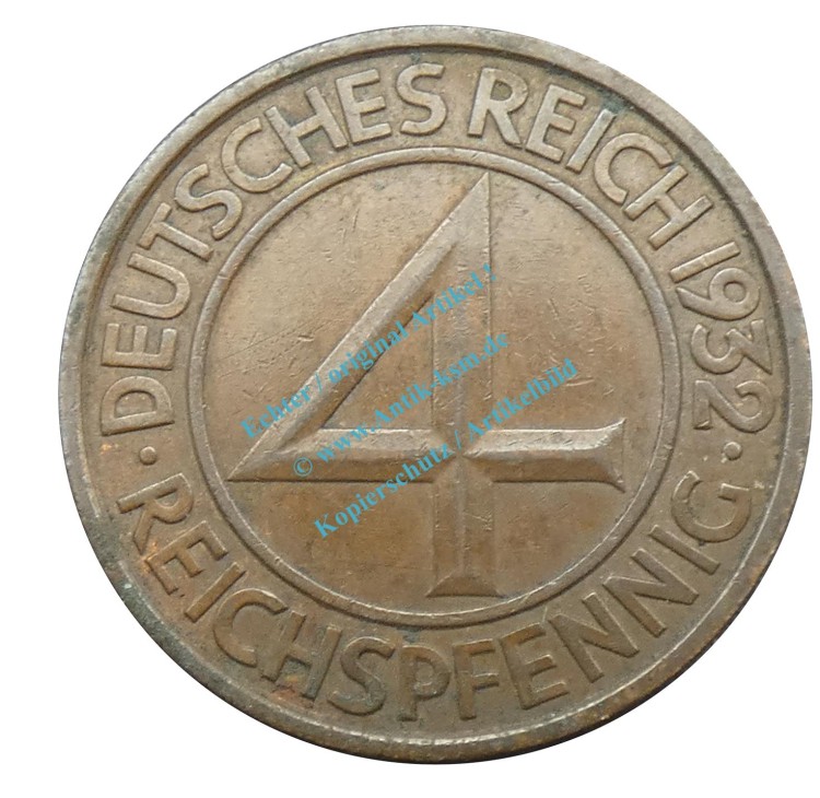 Kursmünze deutsches Reich , 4 Pfennig Stück ss-vz von 1932 E , J.315 -0570-