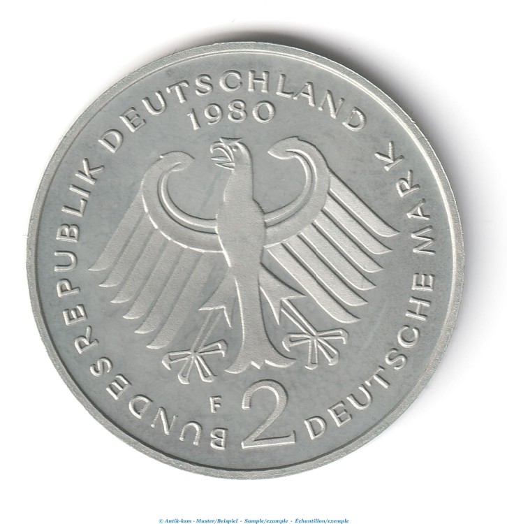 Kursmünze Deutschland , 2 Mark Münze -Konrad Adenauer- 1980 F , stgl , J.406 Bundesrepublik