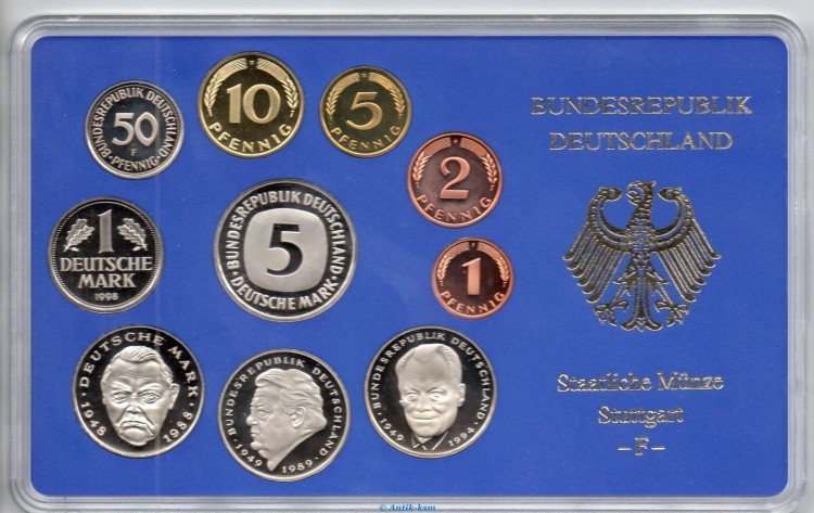Kursmünzen Satz Deutschland , KMS von 1998 F , Spiegelglanz PP , Jäger 180 , Bundesrepublik Deutschland
