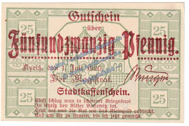 Kyritz , Notgeld 25 Pfennig Schein in kfr. Tieste 3785.05.05 , Brandenburg 1920 Verkehrsausgabe