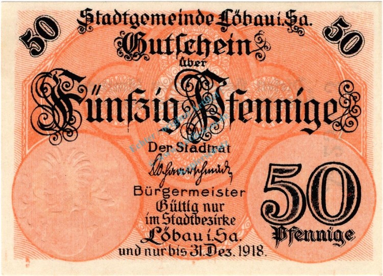 Löbau , Notgeld 50 Pfennig Schein in unc-kfr. Ti.4175.15.06-11 , Sachsen o.D. VerkehrsausgabeLöbau , Notgeld 50 Pfennig Schein in unc-kfr. Ti.4175.15.06-11 , Sachsen o.D. Verkehrsausgabe