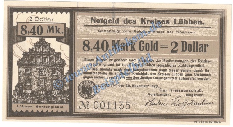 Lübben , Banknote 8,40 Mark Gold Schein in kfr. Müller 3100.4 Wertbeständig 1923 Brandenburg