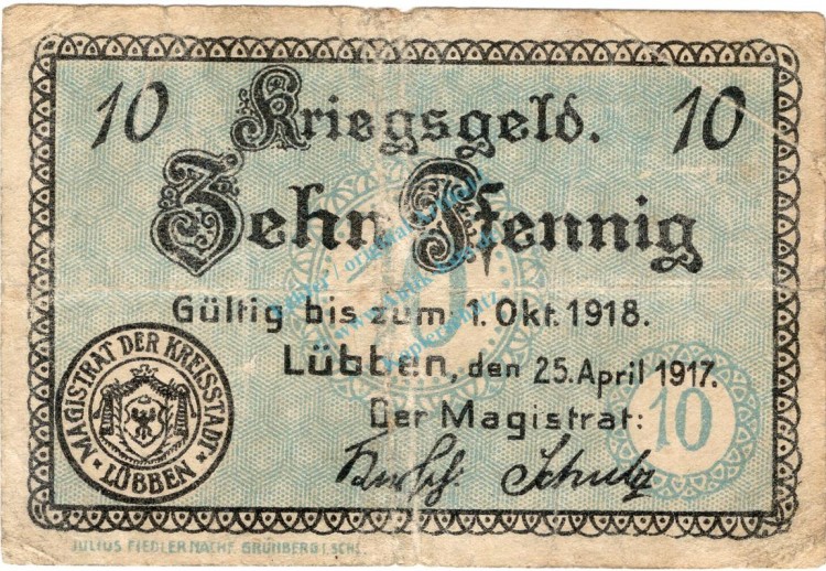 Lübben , Notgeld 10 Pfennig Schein in gbr. Ti.4245.05.02 , Brandenburg 1917 Verkehrsausgabe