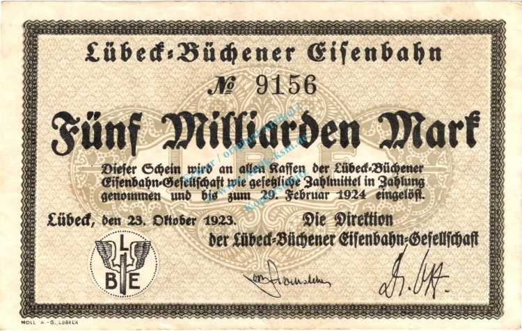 Lübeck , Banknote 5 Milliarden Mark Schein in gbr. Keller 3342 , Schleswig Holstein 1923 Inflation
