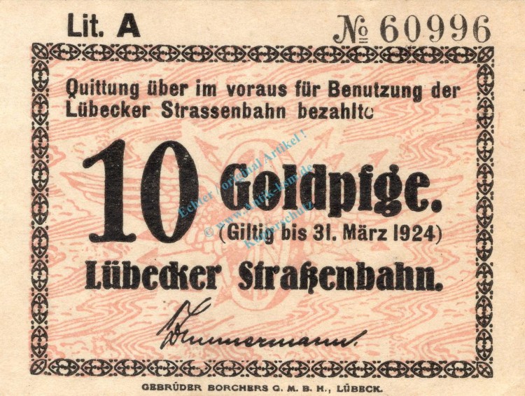 Lübeck , Notgeld 10 Gold Pfennig Schein in kfr. Müller 3115.2 , Schleswig Holstein o.D. Wertbeständig