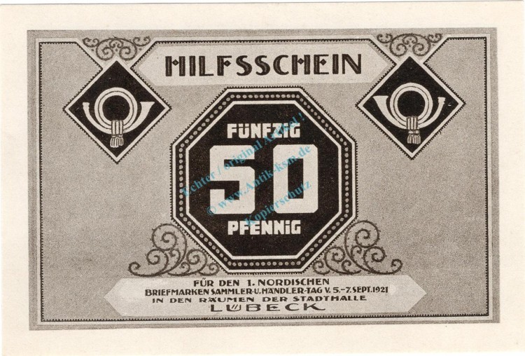 Lübeck , Notgeld 50 Pfennig Schein Nr.1 unc-kfr. M-G 826.1 , Schleswig Holstein 1921 Seriennotgeld