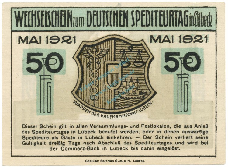 Lübeck , Notgeld 50 Pfennig Schein Nr.2 unc-kfr. M-G 822.1 , SH 1921 Seriennotgeld -5736-