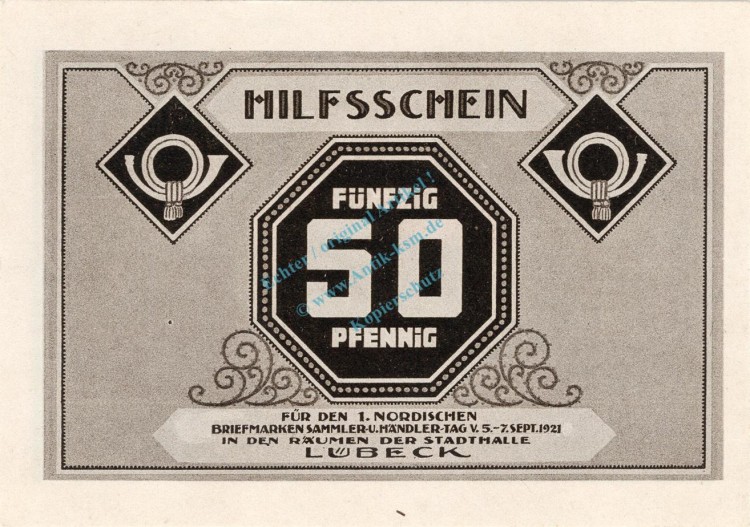 Lübeck , Notgeld 50 Pfennig Schein Nr.2 unc-kfr. M-G 826.1 , Schleswig Holstein 1921 Seriennotgeld