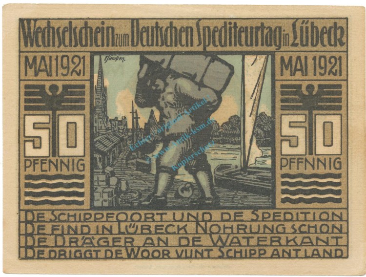 Lübeck , Notgeld 50 Pfennig Schein Nr.3 unc-kfr. M-G 822.1 , SH 1921 Seriennotgeld -1624-