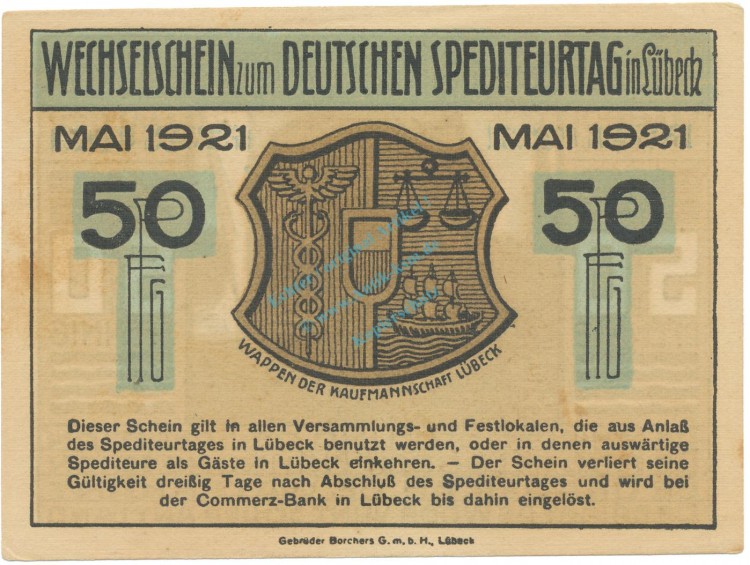 Lübeck , Notgeld 50 Pfennig Schein Nr.3 unc-kfr. M-G 822.1 , SH 1921 Seriennotgeld -1624-