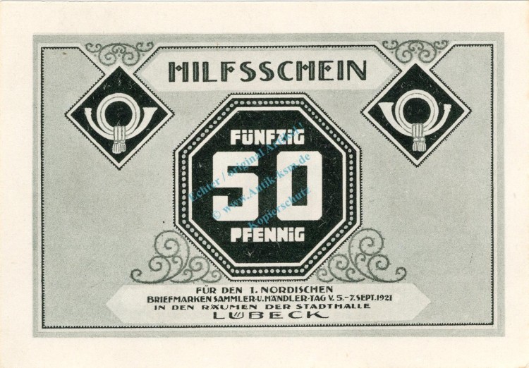 Lübeck , Notgeld 50 Pfennig Schein Nr.4 unc-kfr. M-G 826.16 , Schleswig Holstein 1921 Seriennotgeld
