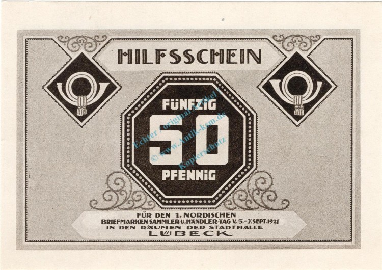 Lübeck , Notgeld 50 Pfennig Schein Nr.4 unc-kfr. M-G 826.1 , Schleswig Holstein 1921 Seriennotgeld