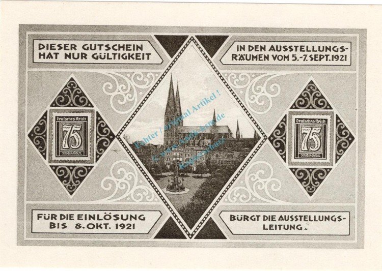 Lübeck , Notgeld 75 Pfennig Schein Nr.1 unc-kfr. M-G 826.6 , Schleswig Holstein 1921 Seriennotgeld