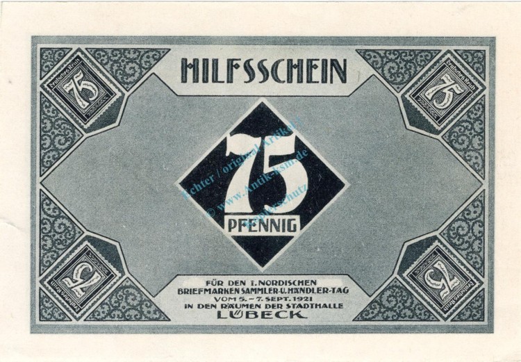 Lübeck , Notgeld 75 Pfennig Schein Nr.3 unc-kfr. M-G 826.1 , Schleswig Holstein 1921 Seriennotgeld