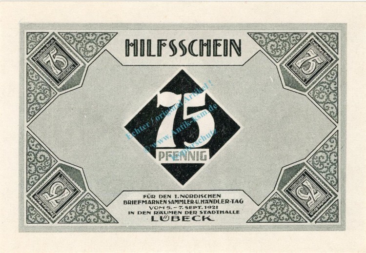 Lübeck , Notgeld 75 Pfennig Schein Nr.3 unc-kfr. M-G 826.6 , Schleswig Holstein 1921 Seriennotgeld