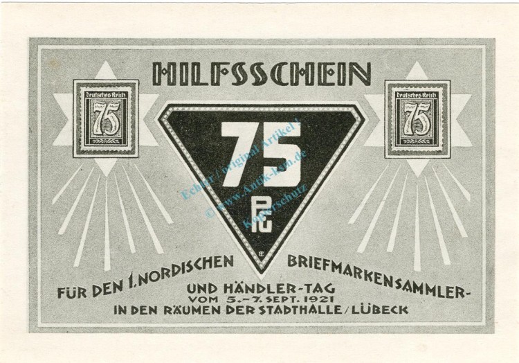Lübeck , Notgeld 75 Pfennig Schein Nr.5 unc-kfr. M-G 826.7 , Schleswig Holstein 1921 Seriennotgeld