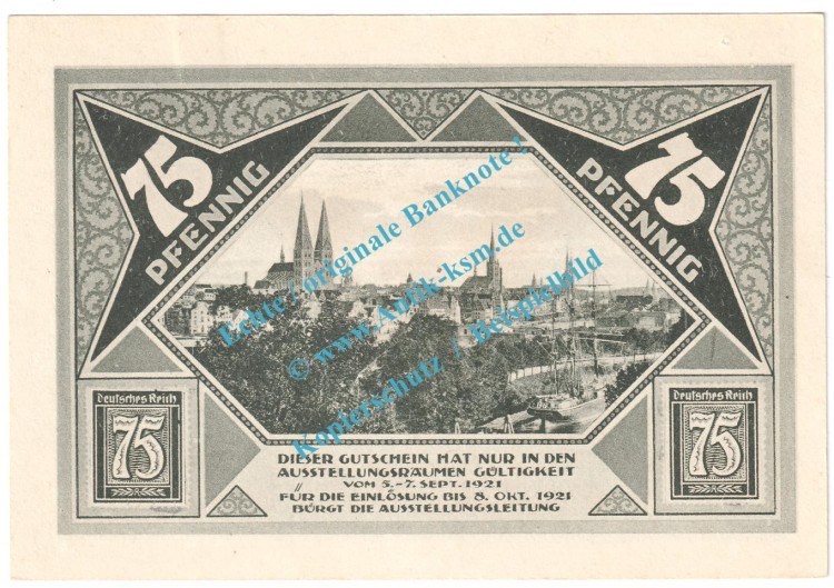 Lübeck , Notgeld 75 Pfennig Schein Nr.6 in kfr. M-G 826.5 , Schleswig 1921 Seriennotgeld